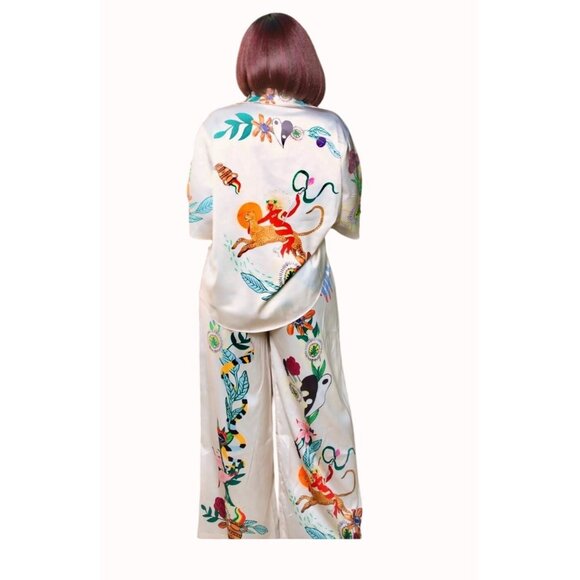 Summer Vibe 2 Piece Set Size 3XL Satin Chic Art Short Sleeve Shirt Wide Leg Pant - Picture 2 of 16